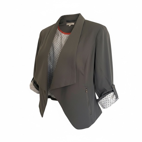 Hawthorn Women's Gray Draped Front Blazer Jacket 3/4 Sleeve Polka Dot Lining M - Picture 2 of 6